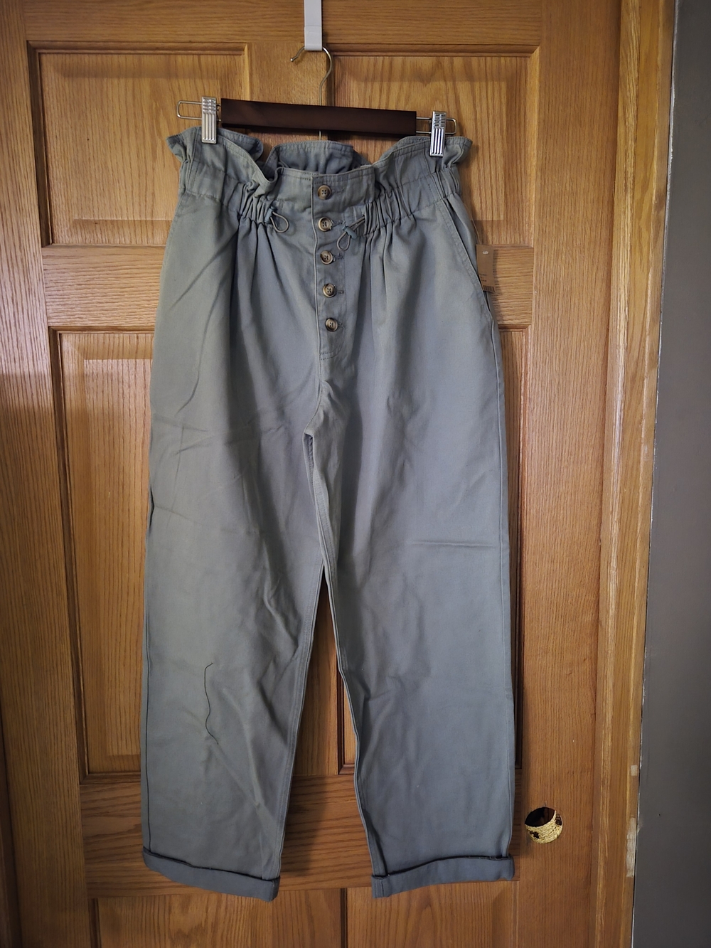 BKE Olive Green High-Waist Paperbag Wide-Leg Pants
